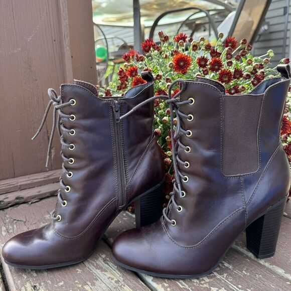 Liz Claiborne Boots Women  Ankle  Heels Zip 100-7006 Burgundy Leather Size 8M‎ - Picture 5 of 13